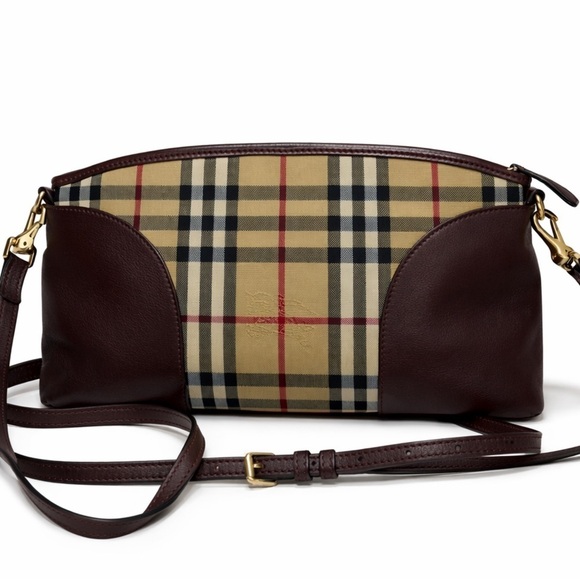 Burberry Handbags - Burberry Nova Check Crossbody Clutch Bag Plaid Burgundy Leather Trim